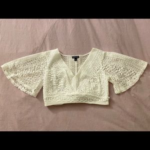 White Lace Crop Top Bell Sleeve, Tie Back. Express